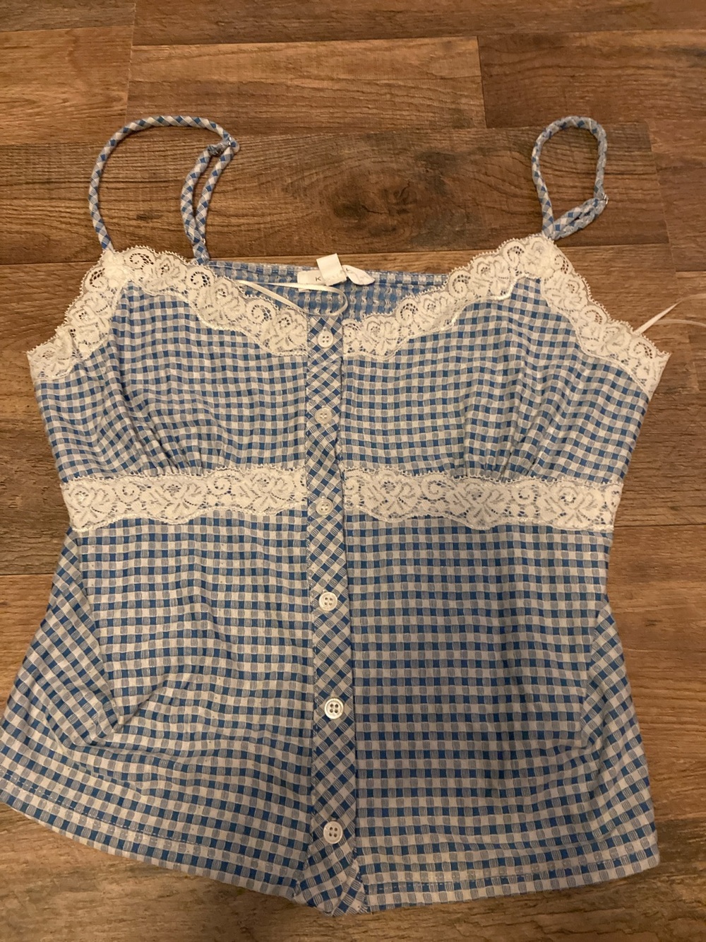 Aeropostale Blue and White Gingham Lace-Trim Tank Top